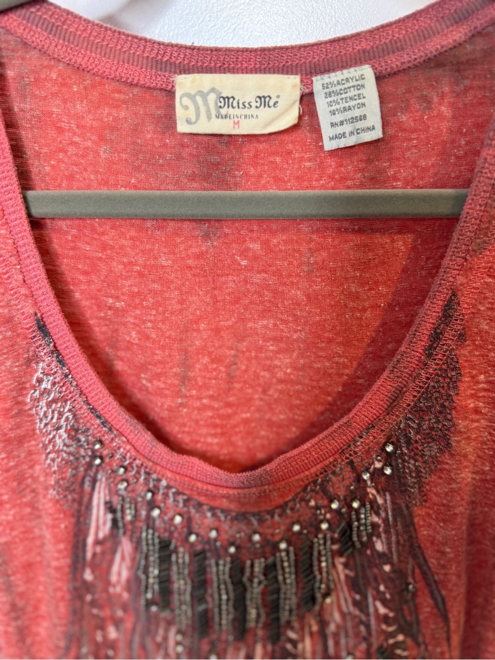 Miss Me Brick Red Short Sleeve Fringe & Sequin Scoop Neck Top - Picture 3 of 6